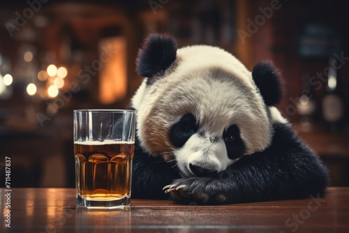 Drinking panda with alcohol in a pub.