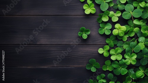 Empty wooden table and green clover Saint Patrick's Day background