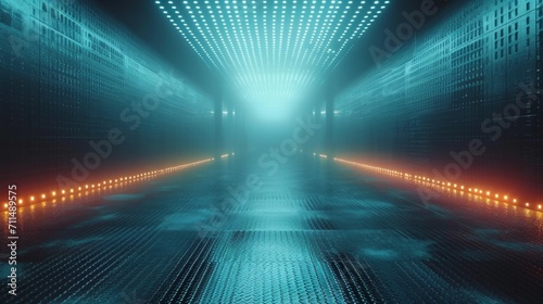 blue neon abstract background, ultraviolet light, night club empty room interior, tunnel or corridor, glowing panels, fashion podium, performance stage decorations,