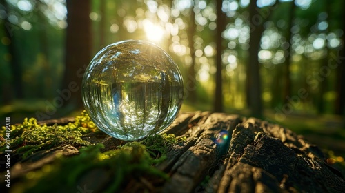 Environment conservation concept. Close up of glass globe in the forest 