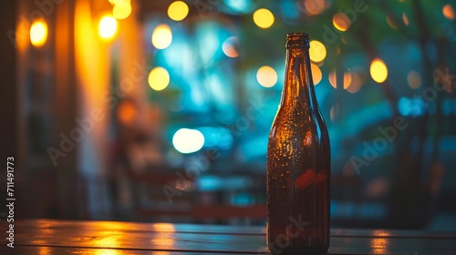Glass bottle with a drink on a table on a blurred background. 