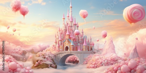 a sweet castle as a whimsical retreat on a cotton candy landscape, with a palette of pink and blue hues creating a charming and dreamlike atmosphere.
