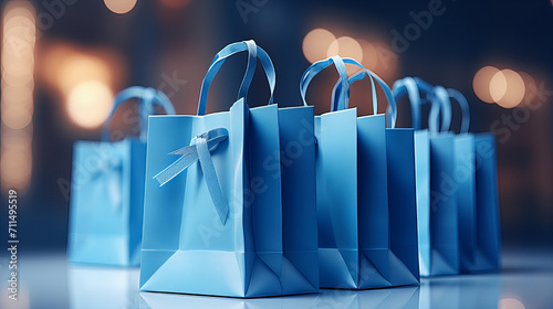 Blue Shopping Bags Array, series of elegant blue shopping bags aligned in a soft focus background, suggesting luxury retail or holiday sales