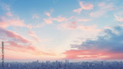 City of Dreams: Wide Format Illustration of Tokyo-like Sky at Late Dusk, a Heavenly Sunset Over the Urban Horizon