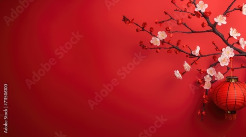 Red Chinese lantern and a sakura branch on red background with copy space