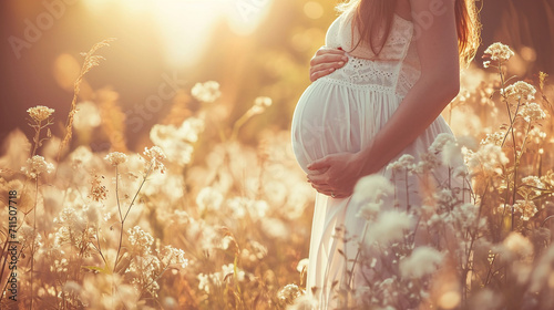 pregnant women with happy mood and soft flower field background 