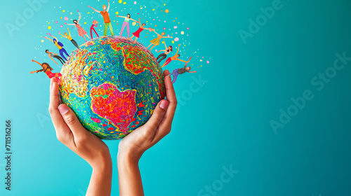 Hands holding a globe with different dance styles illustrated on it, symbolizing world unity through dance
