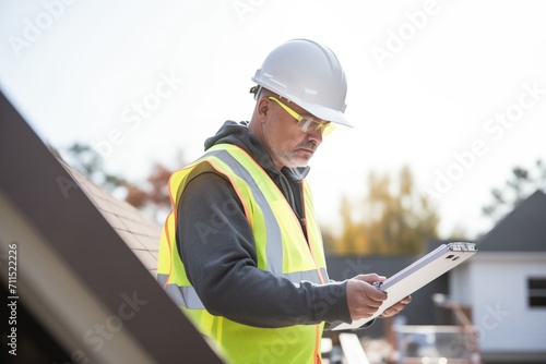 roofer checking material list on a tablet on the roof