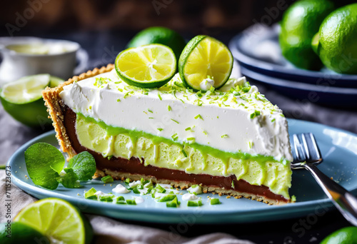 Slice of key lime pie with whipped cream and lime zest on plate