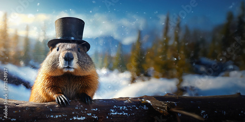 a ground hog wearing a top hat in the winter sun
