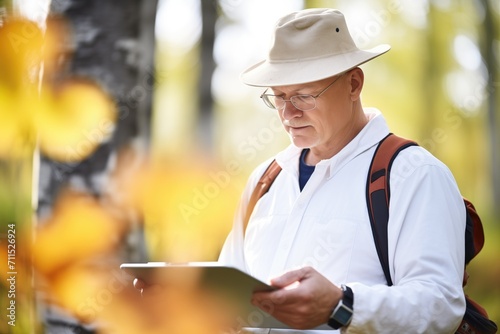 mycologist using a tablet in the field to enter mushroom data