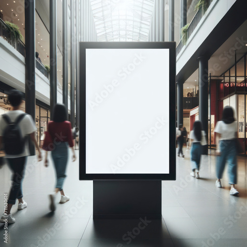 display blank clean screen mockup for offers or advertisement in public area with blured people walking. ai generative