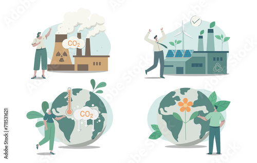 Set of climate change problem concepts. Eco friendly sustainable, Power plant emission pollution CO2 and sustainable clean factory with renewable energy. Vector design illustration.
