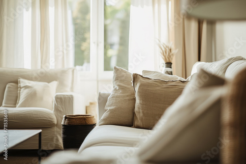 A cozy and stylish living room interior. Couch sofa with linen cushions in pastel neutral colors next to window with white curtains and streams of natural light creates a warm atmosphere