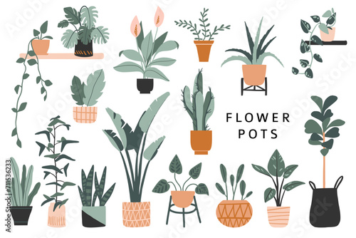 Set of cute colorful hand drawn flower pots. Flat style, simple doodle home plants. Botany hand drawn illustrations of gardening. Urban jungle concept. Spring time. Natural trendy home decor