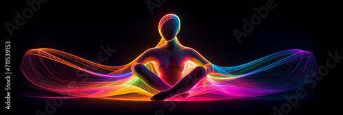 Illustration of a silhouette of a woman in a meditation pose with radiating colored energy chakras against the backdrop of an abstract cosmic landscape, Concept: spirituality and harmony of the inner 