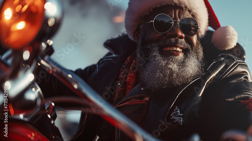 Black Santa Claus riding a motorcycle. Inclusive Merry christmas and happy new year concept