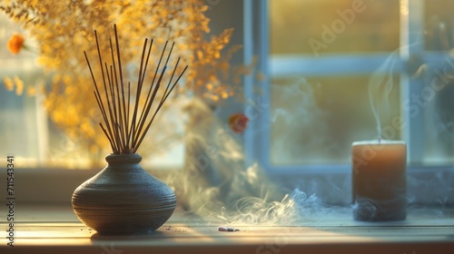 A simple yet elegant vase with incense sticks placed in front of a window, creating a peaceful and serene atmosphere. Ideal for home decor or meditation-related projects