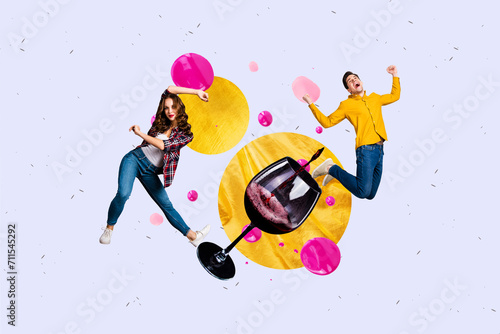 Photo collage artwork minimal picture of funny lucky couple enjoying friday event isolated violet color background