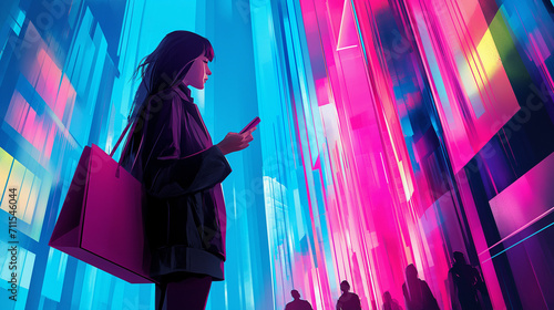 Junge moderne Frau mit Smartphone im neuesten Trend Outfit in beleuchteter Großstadt unscharf im Hintergrund Generative AI