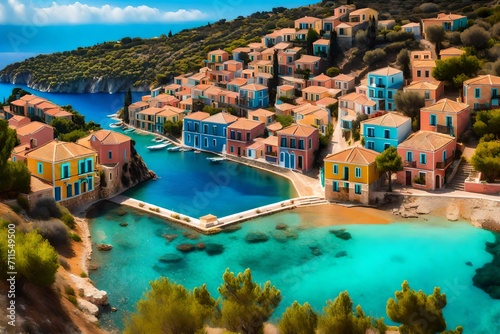 Beautiful panoramic view of Assos village with vivid colorful houses near blue turquoise colored and transparent bay lagoon. Kefalonia, Greece.