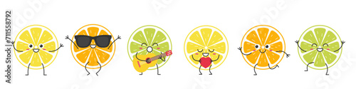Set slice lemon orange lime cute character cartoon citrus fruit emotions joy happiness smiling face jumping running beautiful vector illustration.