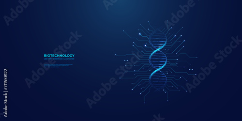 DNA double helix in light blue futuristic style on technology background with circuit. Low poly wireframe vector illustration. Abstract biotechnology concept. Science and tech. Medical research.