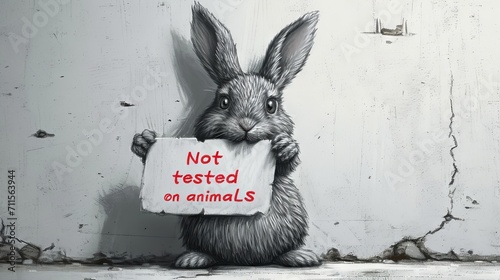 A gray rabbit holds a sign with the inscription "Not tested on animals", Concept: ethical treatment of animals, Laboratory research and cruelty-free testing. 