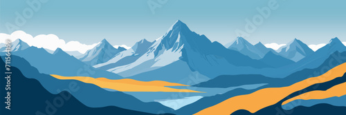Beautiful mountain landscape with valleys, panorama of snow-covered mountains on the background of clear sky. Vector illustration