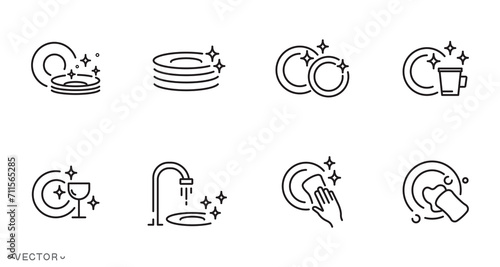 clean dishes icon collection, shiny plate stack, wash kitchen utensil, pile tableware, thin line symbol isolated on white background, editable stroke eps 10 vector illustration