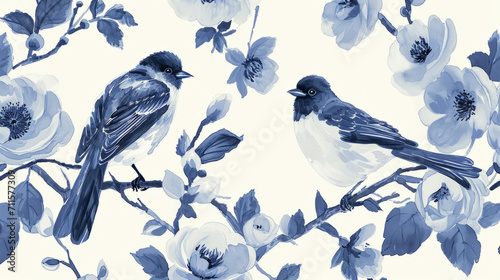 Antique oregon reversal blue white bird wallpaper in vintage styles, in the style of lewis morley, nostalgic illustration, realistic watercolor paintings, mughal art, monochrome canvases.