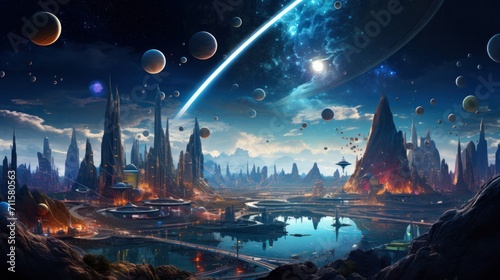 space exploration, elestial bodies, and cosmic landscapes, suitable for science fiction-themed, imaginative depiction of space exploration, featuring futuristic