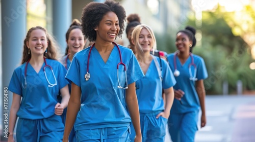 Diverse team of medical students young women in scrubs walk together on a university hospital campus.