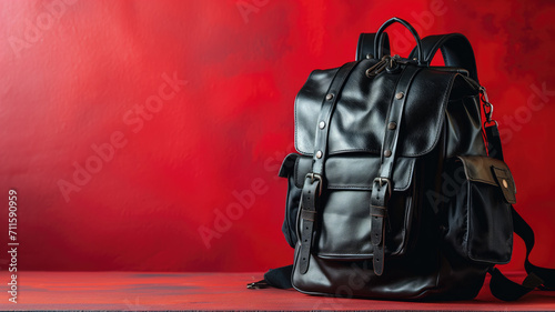 Luxurious black leather backpack against a dramatic red backdrop