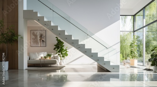 Minimalist, airy interior showcasing a sleek staircase with a transparent glass railing and a single vibrant plant accent