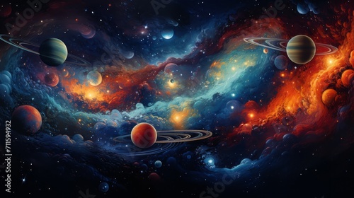 Whimsical depiction of a swirling galaxy with celestial bodies in orbit, infused with vibrant, artistic tones