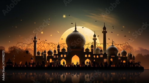 An ornate eid celebration with intricate mosques silhouette inside a glowing lantern backdrop