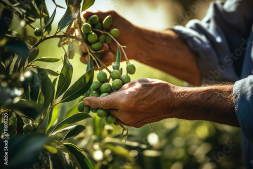 Olive harvest. Hands of a male farmer picking green olives from a tree branch close-up at sunset in the garden. Growing organic healthy olives, ingredient for making olive oil