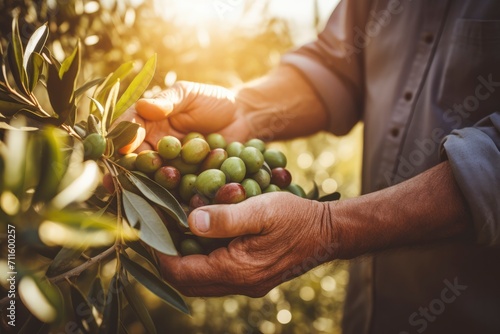 Olive harvest. Hands of a male farmer picking green olives from a tree branch close-up at sunset in the garden. Growing organic healthy olives, ingredient for making olive oil