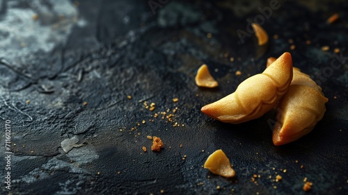 Golden fortune cookie broken open on a dark background