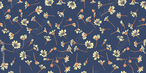Artistic tiny flowers seamless pattern. Vector hand drawn sketch. Dark blue floral print. Template for design, fabric, fashion, textile, paper, wallpaper