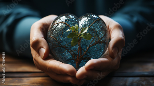 Hands holding a glass heart with a plant sprout inside. Conceptual image of nature care, fragility, growth, ecology, climate change, enviroment. Person taking care of planet earth.