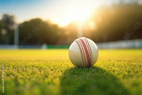 Cricket ball on bat on green cricket pitch.