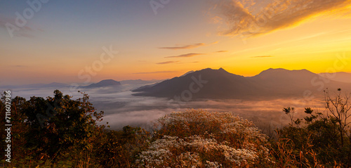 Mountain and sky scenery in the morning,Mountain valley during sunrise. Beutiful natural landsscape in the summer time.