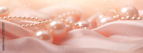  Pearl necklace on soft pink fabric. Luxury concept. Design for jewelry advertisement, bridal accessories promotion. Beauty and fashion banner with copy space.