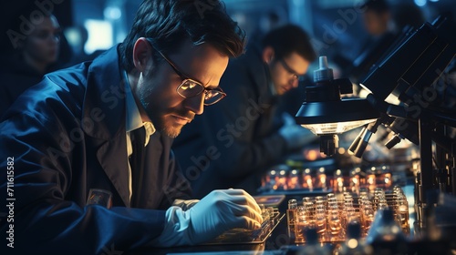 Scientist studying a virus under a microscope. Doctor looking virus. Scientist working with ampules.