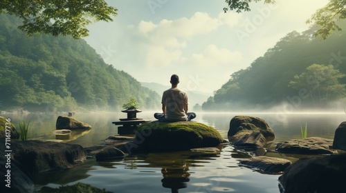 A man meditating in taiwan's natural scenery, in the style of 8k 3d, calm waters, uhd image, american tonalism, human connection, hudson river school