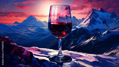 A glass of red wine on a snow covered mountaintop, in the style of lens flare, dark azure, purple and azure, post-impressionism, nabis, ironical, wimmelbilder