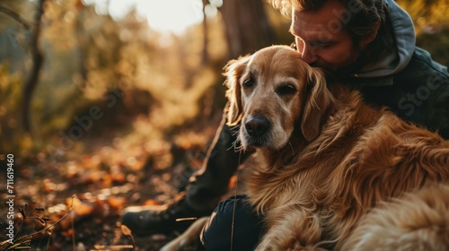 Man and golden retriever dog hug and share love with each othe