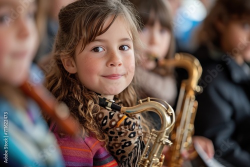Little girl playing on saxophone in music school, close-up